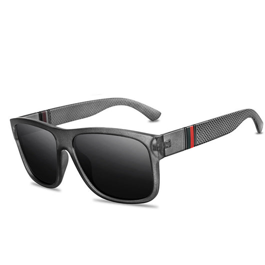 Men's grey plastic frame driving sunglasses with dark polarized lenses and red and black stripe detail on temples. - Image 6