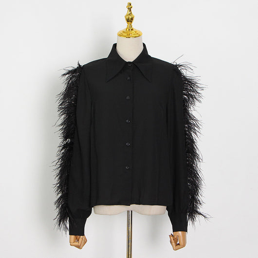 Camisa de Manga Larga con Panel de Plumas de Avestruz - Image 5