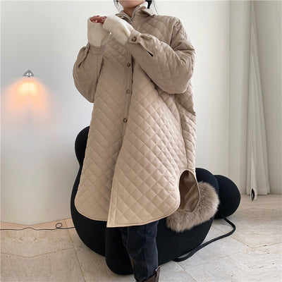 Abrigo Acolchado Estilo Camisa Algodón Diamante Suelto Ligero Largo Mujer Otoño