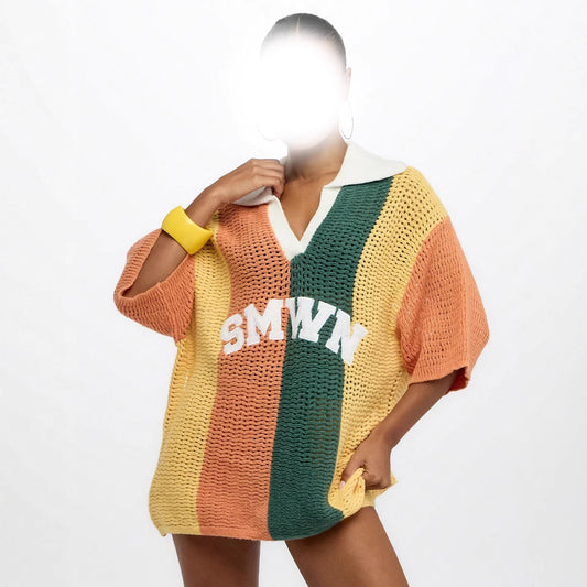 Suéter Tejido V-Cuello con Letras Estampadas y Combinación de Colores - Manga Corta Verano