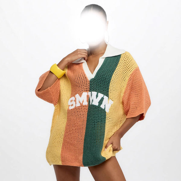 Suéter Tejido V-Cuello con Letras Estampadas y Combinación de Colores - Manga Corta Verano