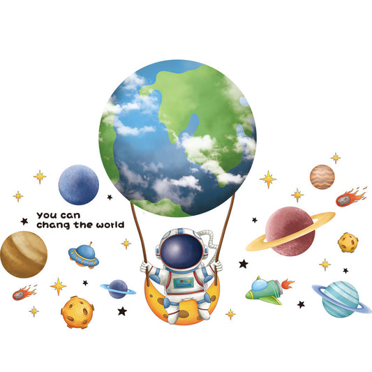 Cartoon astronaut and space station wall stickers with planets, stars, moon, and telescope on a white wall. - Image 2