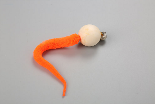 Orange plush cat toy with a wooden ball and a small golden bell, designed for cats to play and nibble. - Image 3