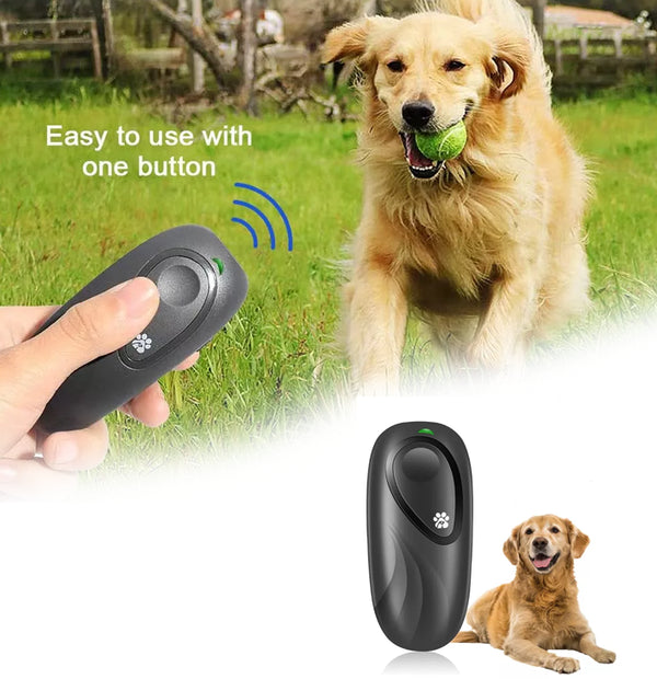 Dark gray handheld ultrasonic dog repeller and training device with a large button and a white paw print icon.