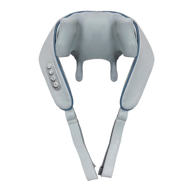 Light gray shoulder and neck massager with blue trim, control buttons, and hanging straps on a white background. - Image 4