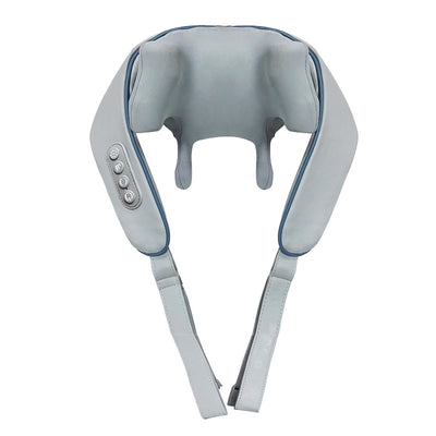 Light gray shoulder and neck massager with blue trim, control buttons, and hanging straps on a white background. - Image 4