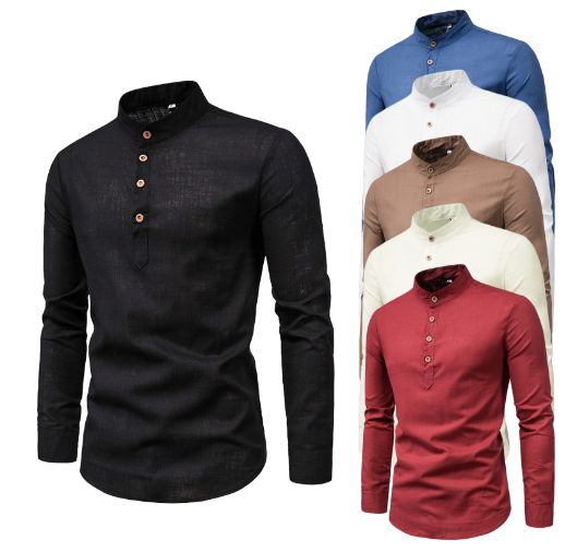 Camisa Manga Larga Cuello Mao Algodón y Lino Color Sólido
