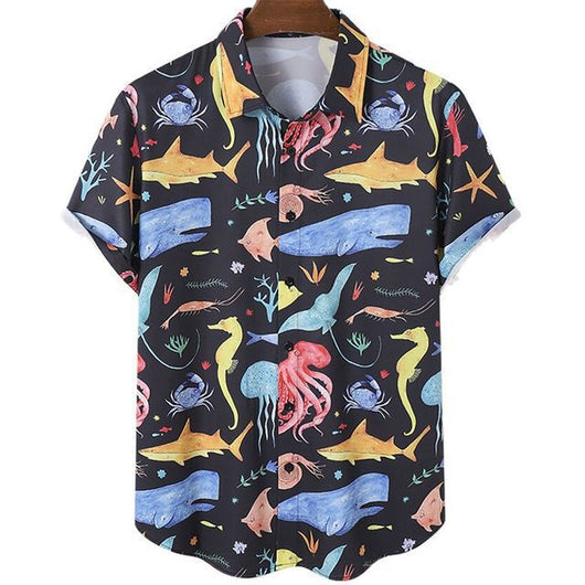 Camisa Casual Slim Estampado 3D Playa Manga Corta para Hombre - Image 21