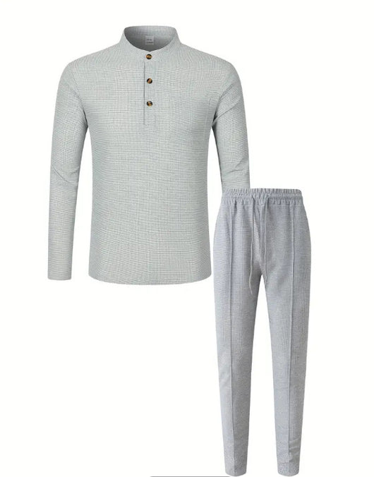 Conjunto Casual de Pantalón y Camiseta Henley Texturizada de Manga Larga para Hombre - Image 20
