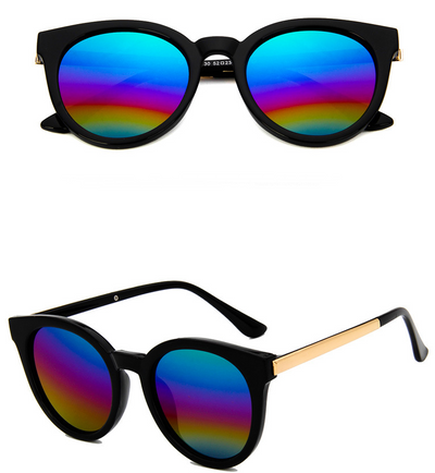Black vintage square sunglasses for women with round blue mirrored lenses and gold-tone temple accents. - Image 9