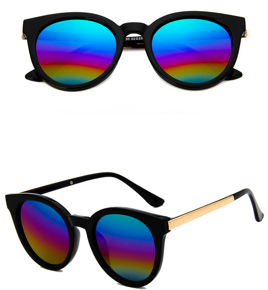 Black vintage square sunglasses for women with round blue mirrored lenses and gold-tone temple accents. - Image 9