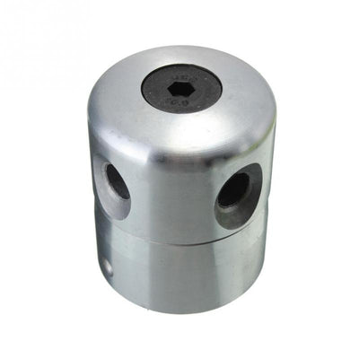 Silver aluminum lawn mower accessory, likely a trimmer head, with multiple holes for grass rope and a central hexagonal screw. - Image 8