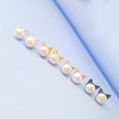 Aretes de Plata 925 con Perlas de Agua Dulce y Diseño de Orejas de Gato