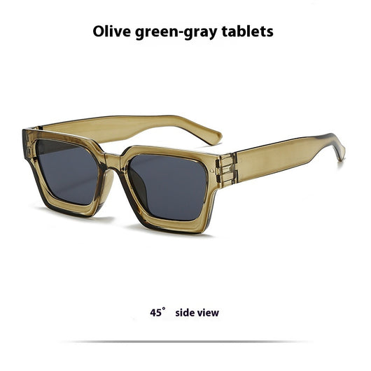 Olive green rectangular sunglasses with dark gray lenses, featuring a thick, modern frame design. - Image 14