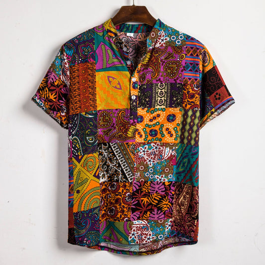 Camisa de Cuello Mao con Costuras Contrastadas y Estampado Floral - Image 2