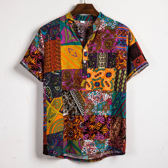 Camisa de Cuello Mao con Costuras Contrastadas y Estampado Floral