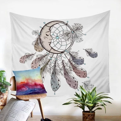 White tapestry with a dreamcatcher design featuring a crescent moon face, intricate web, and hanging feathers.