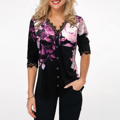 Playera Femenina con Panel de Encaje y Mangas Tres Cuartos - Image 11