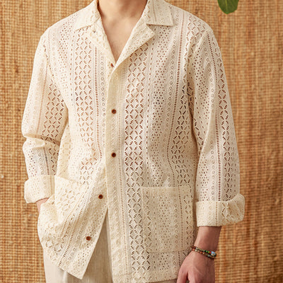 Camisa de Cuello Cubano Hueco de Algodón Manga Larga - Image 5