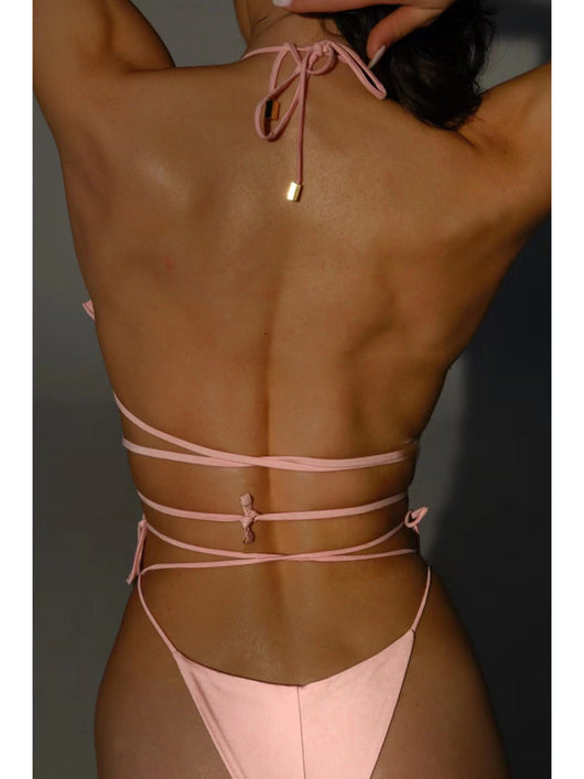Traje de Baño Bikini Dividido con Flores 3D y Cordones - Image 3