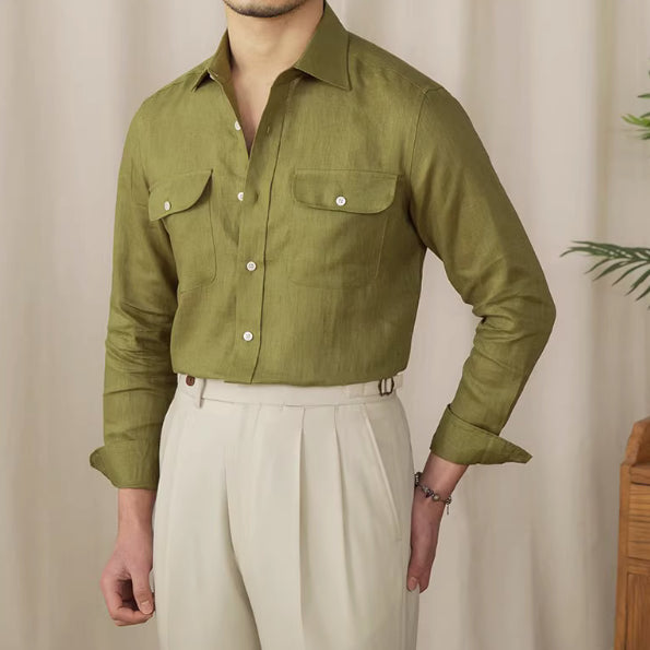 Camisa de Lino Puro de Manga Larga para Hombre - Estilo Business Casual
