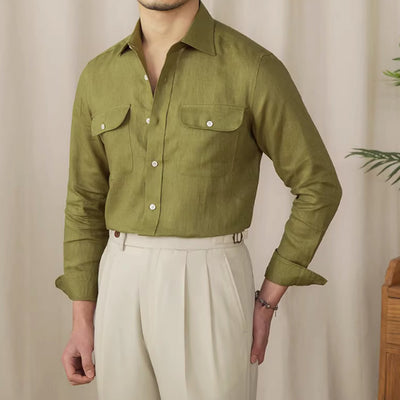 Camisa de Lino Puro de Manga Larga para Hombre - Estilo Business Casual