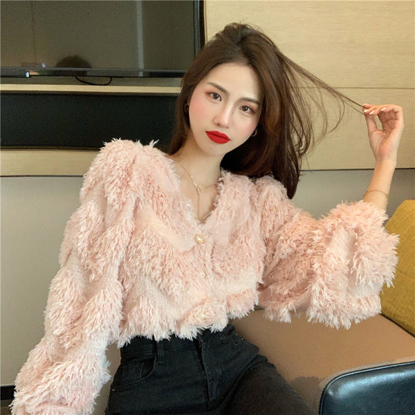 Cardigan Corto Peludo con Flecos