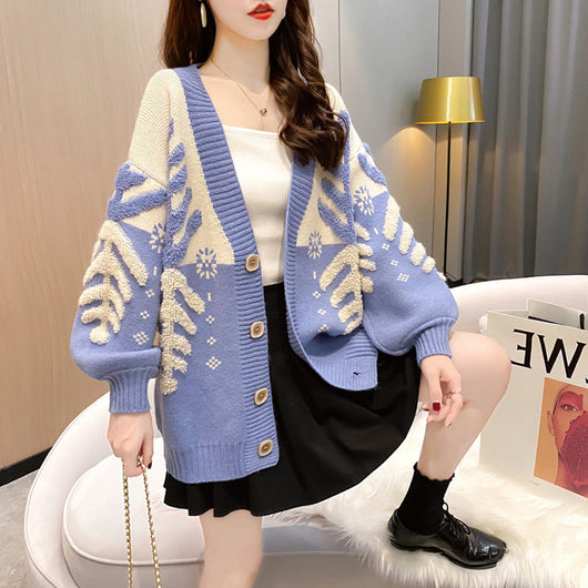 Cardigan Tejido Cuello V Mujer Navideño Copo de Nieve Holgado Estilo Coreano - Image 3