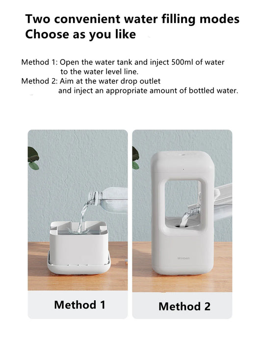 White anti-gravity water drop humidifier with visible mist output and 'Winben' brand name, on a white stand. - Image 14