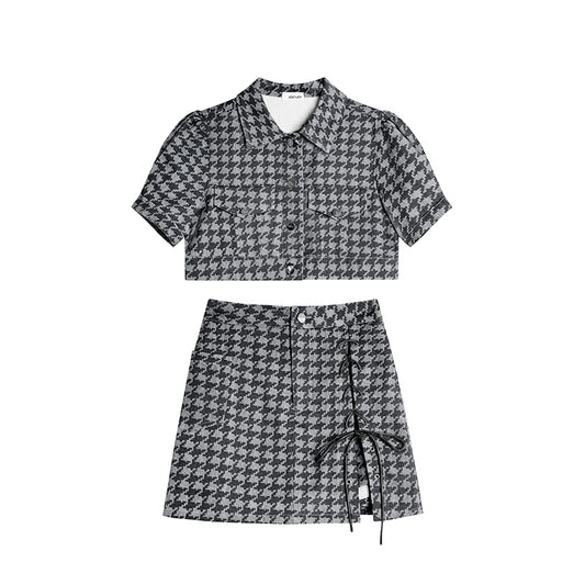 Conjunto de Dos Piezas Cuadros Azules - Top Corto y Falda