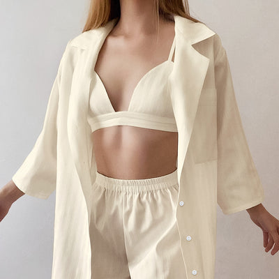 Pijama de Tres Piezas en Seda de Hielo con Rayas - Conjunto de Ropa de Casa para Mujer - Image 7