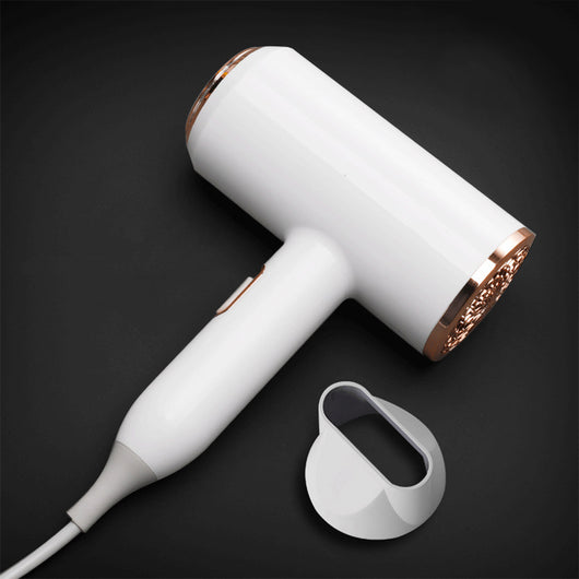 White hair dryer with rose gold accents, U.S. plug, and a concentrator nozzle for household use. - Image 4