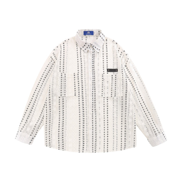 Blusa Suelta de Encaje Calado y Manga Larga con Lunares y Rayas Jacquard