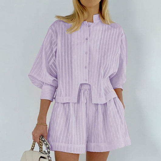 Conjunto Femenino: Blusa Rayada Cuello Redondo Mangas Linterna y Shorts Elásticos - Image 7