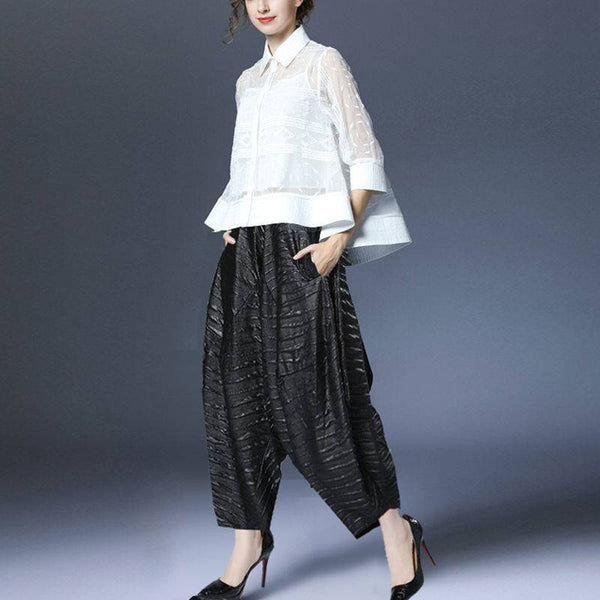 Conjunto Elegante: Camisa Jacquard Bordada + Pantalón Ancho Elástico - Image 3