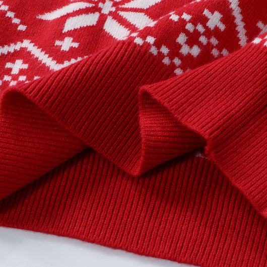 Women's black, red, and white Christmas sweater with reindeer and snowflake fair isle patterns, round neck, long sleeves. - Image 16