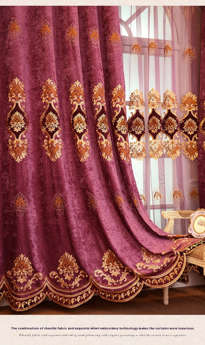 Purple chenille velvet curtains with gold embroidery, tied back to reveal a sheer embroidered curtain behind. - Image 8
