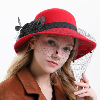 Sombrero de Lana Pura para Mujer con Encaje Floral y Ala Ancha