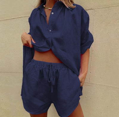 Conjunto de Dos Piezas: Camisa Manga Corta con Solapa y Pantalón Ancho con Shorts de Cordones - Image 14