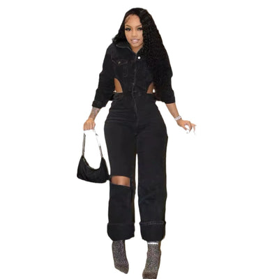 Jumpsuit Denim Casual con Diseño Hueco y Cintura Elástica - Image 5