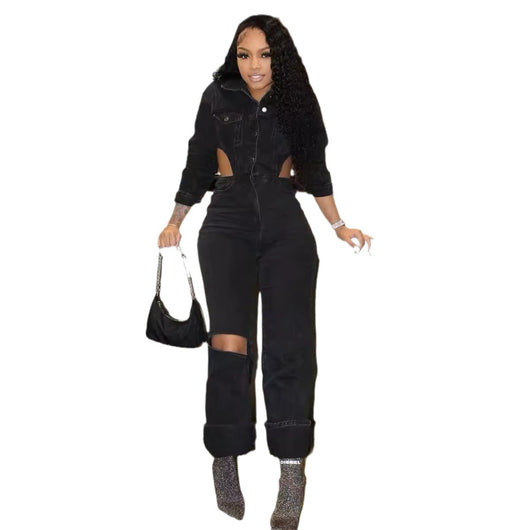 Jumpsuit Denim Casual con Diseño Hueco y Cintura Elástica - Image 5