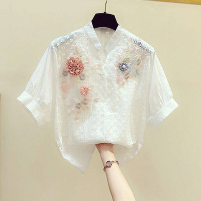 Blusa de Algodón con Cuello Bordado Floral Retro para Mujer - Image 3