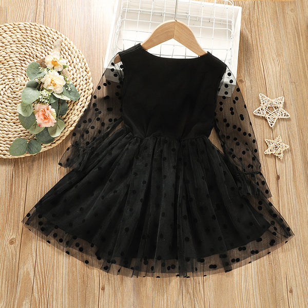 Vestido Infantil Otoñal con Lunares y Encaje de Manga Larga