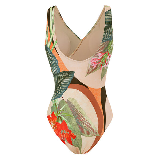 Two-piece tropical print swimsuit set with a V-neck one-piece and a matching long wrap skirt with tie waist. - Image 12