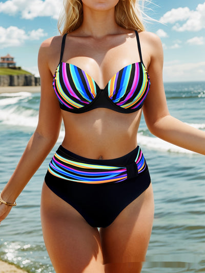 Bikini Deportivo de Rayas Coloridas con Diseño Estampado para Mujer - Image 4