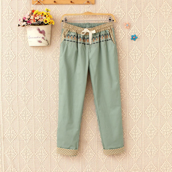 Pantalones de Algodón y Lino con Bordado Japonés para Mujer