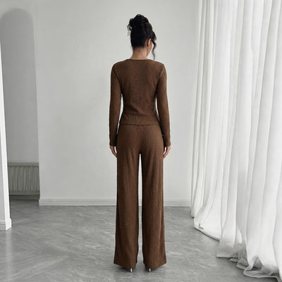 Conjunto de Pantalón y Blusa Cruzada de Manga Larga en Color Sólido para Mujer - Image 4