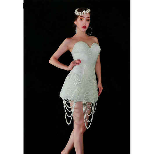 Conjunto Elegante Top Tubo Blanco con Perlas y Falda Ajustada - Image 12