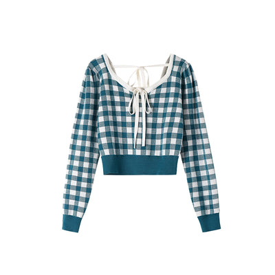 Blusa Tejida de Manga Larga a Cuadros con Moño Elegante - Image 9