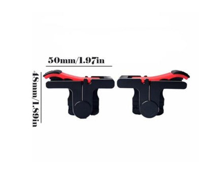 Pair of black and red auxiliary shooting gamepad buttons for smartphones, designed to enhance mobile gaming. - Image 3
